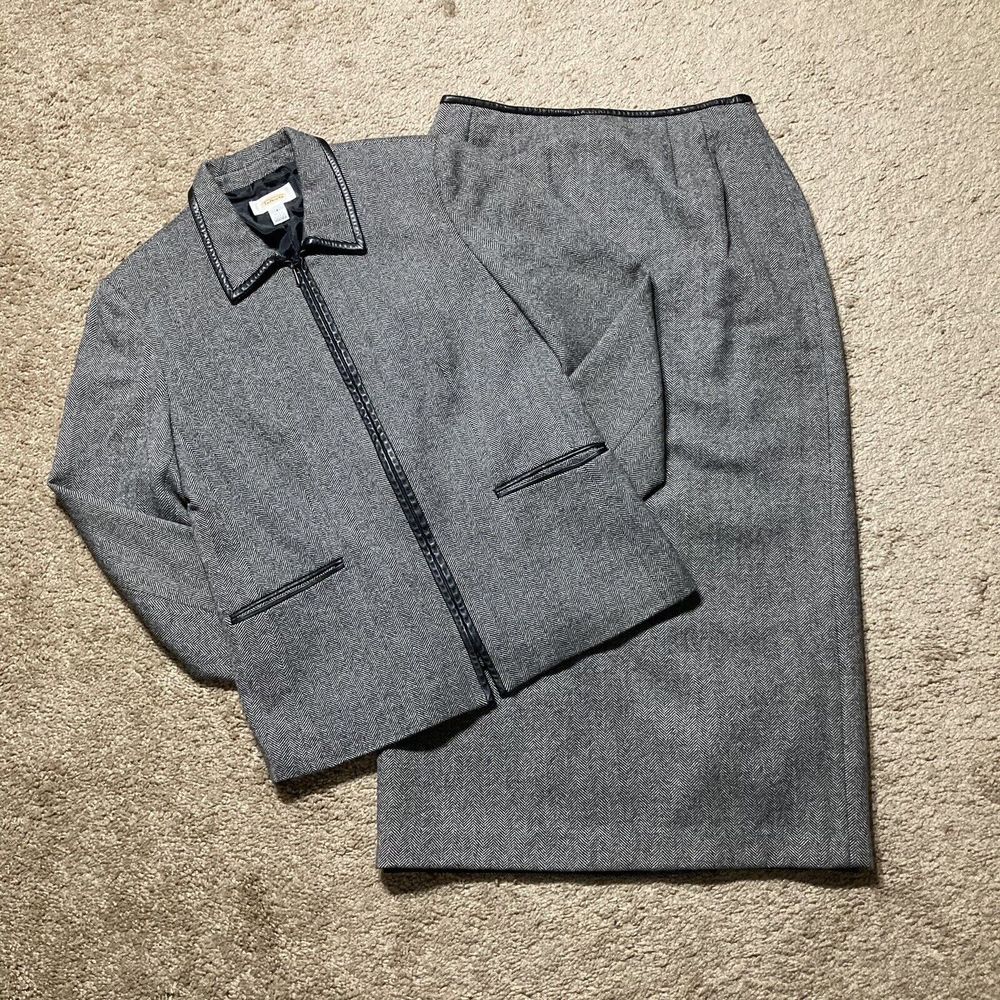 Talbots Skirt Suit Size 8 10 Black White 2PC Career Church Business Wool Zipper